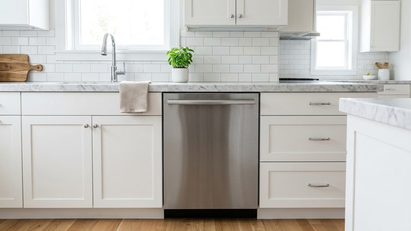 Modern built-in stainless steel dishwasher in a premium bright kitchen